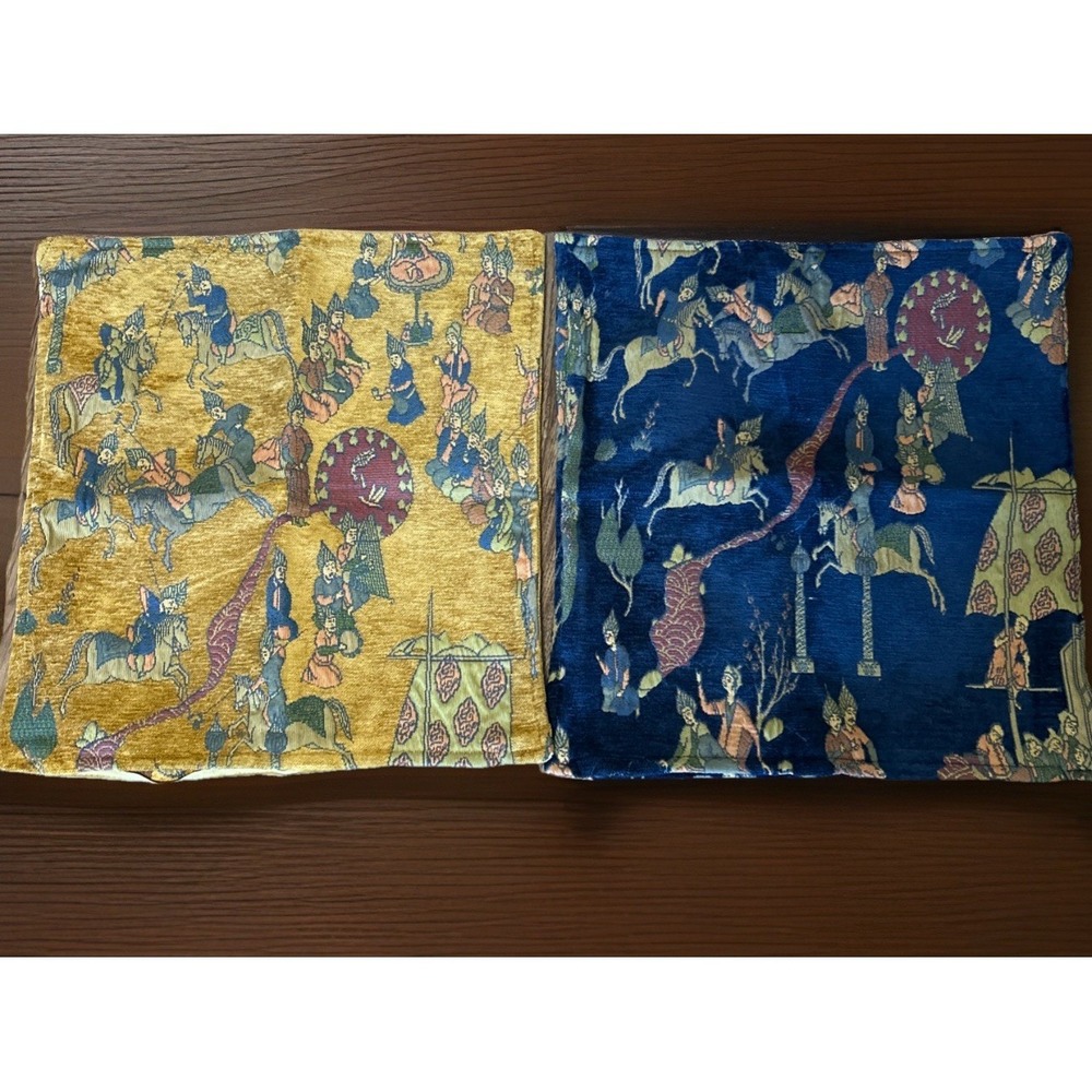Vintage Pillow Covers Persian Folklore Novelty Print Scenes Turkey Blue Gold TWO